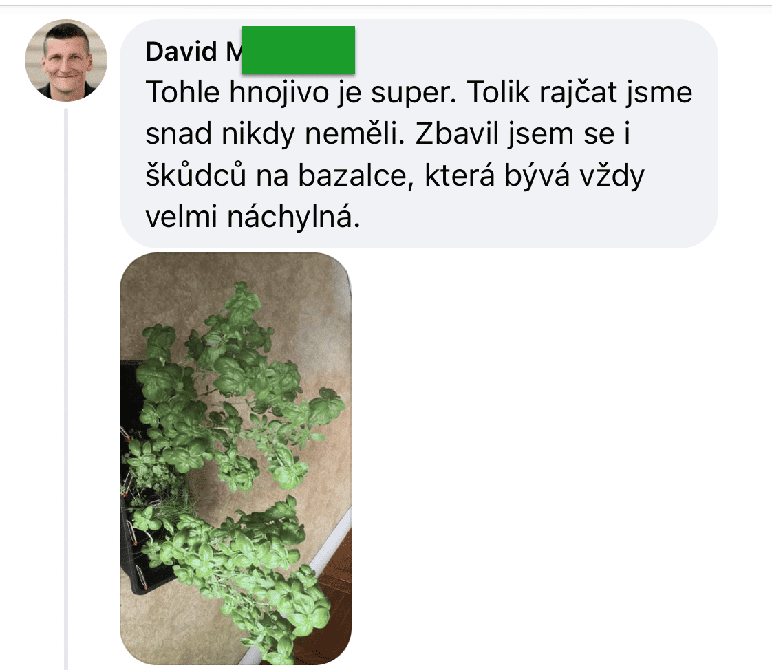 Hnojení bylinek 3 Snímek příspěvku zákazníka Davida na sociální síti s fotkou vzrostlé bazalky v truhlíku