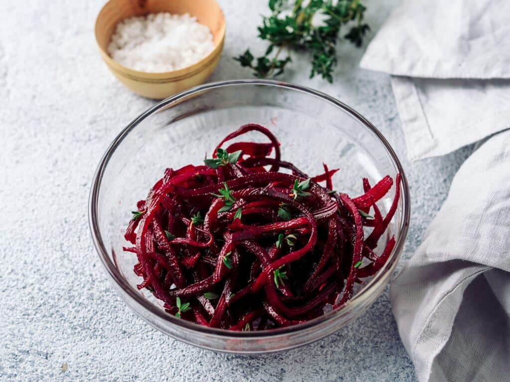 Raw beetroot noodles or beet spaghetti