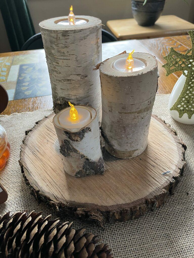 birch wood candles with pinecone center piece rotated 2