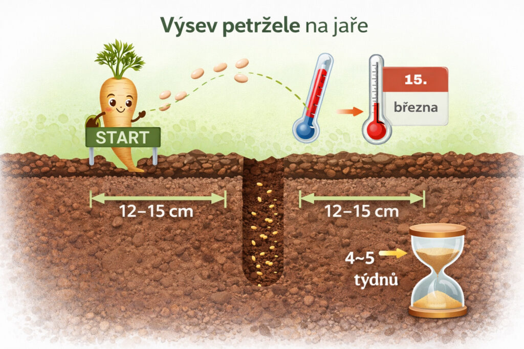 Zahrada v březnu 6 výsev petržele na jaře ilustrace správná hloubka a rozestupy řádků“