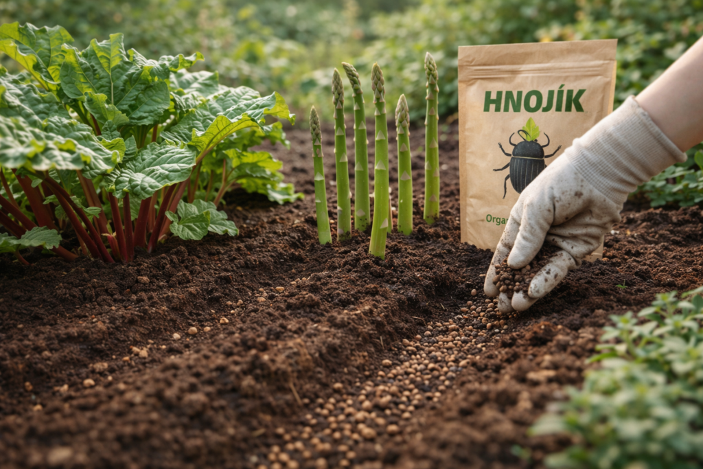 Zahrada v březnu 10 organické hnojivo Hnojík použití na záhon rebarbory a chřestu zahrada v březnu