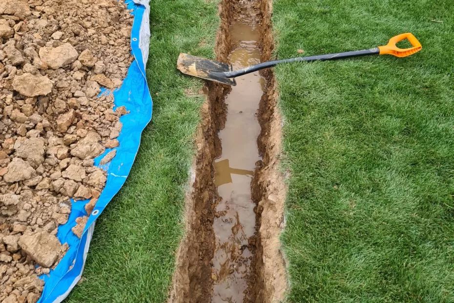 Drenáž zahrady: jak odvodnit podmáčený pozemek a kam s vodou 1 Rýha pro drenážní trubku v trávníku